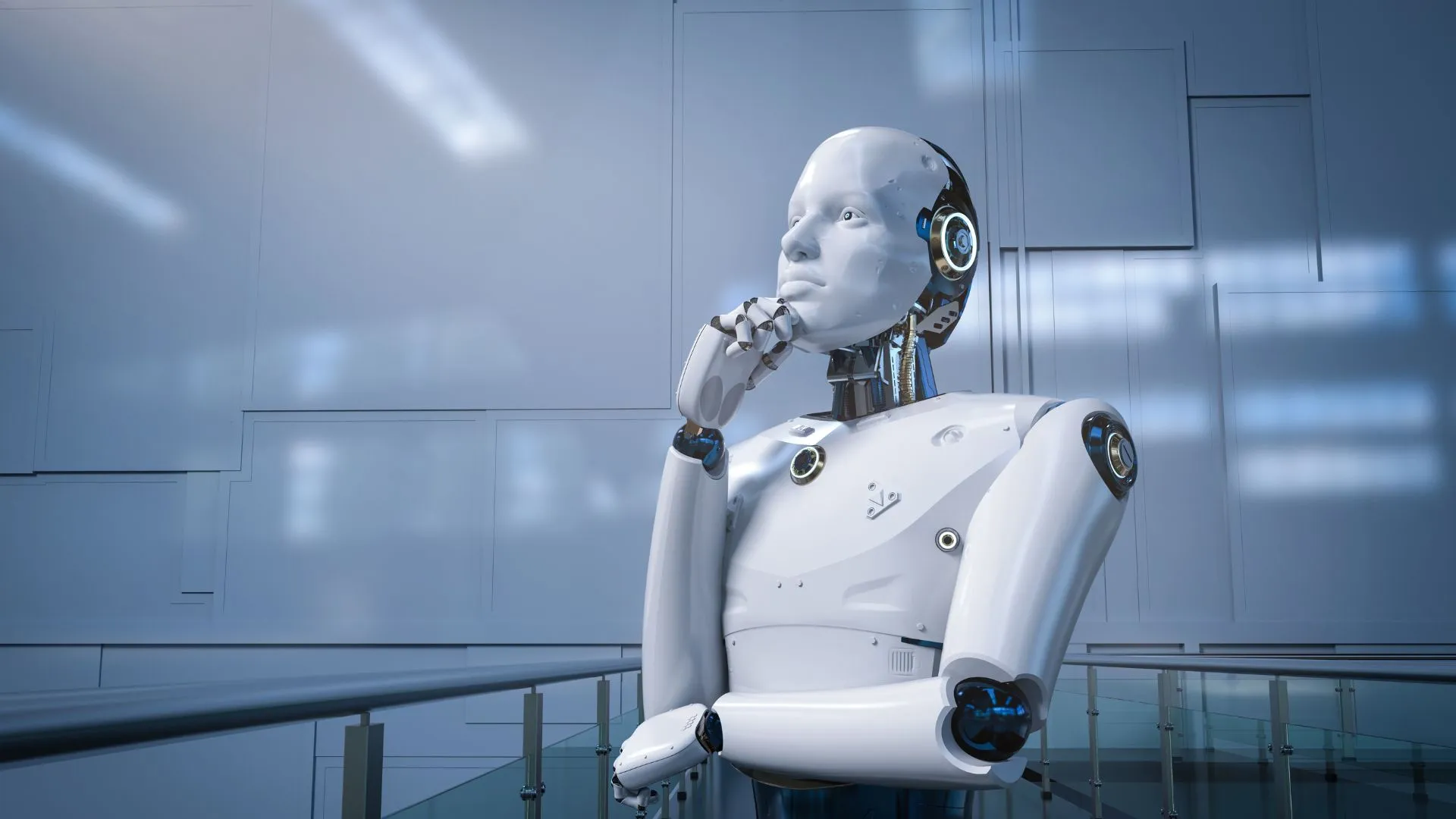 Close-up of a futuristic humanoid robot with a digital face display, representing modern technology.